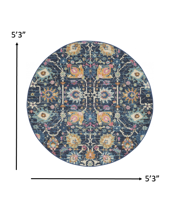 5' Navy Blue Round Floral Power Loom Area Rug
