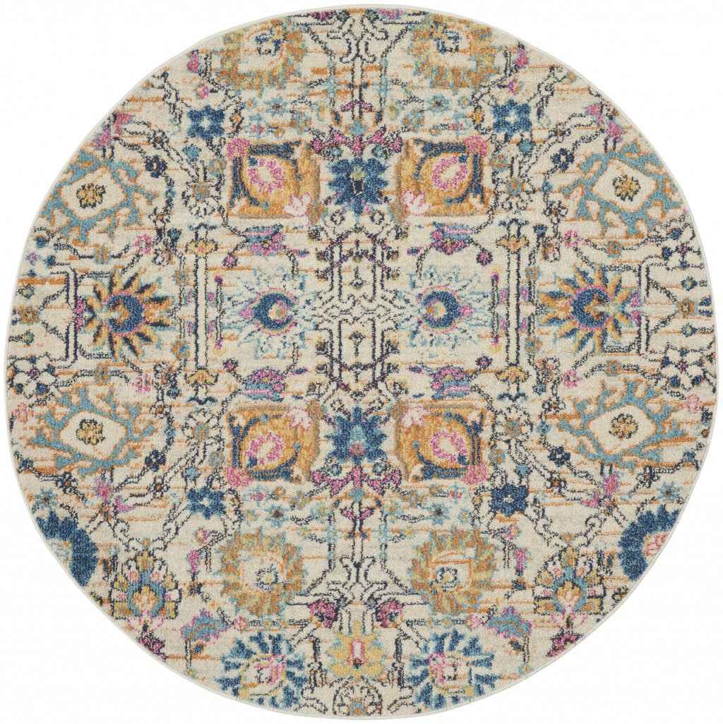 4' Orange And Ivory Round Floral Power Loom Area Rug