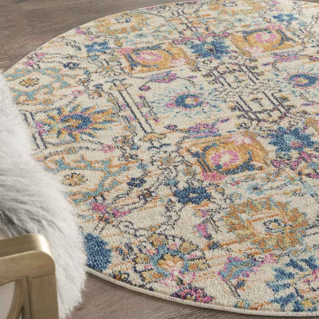 4' Orange And Ivory Round Floral Power Loom Area Rug