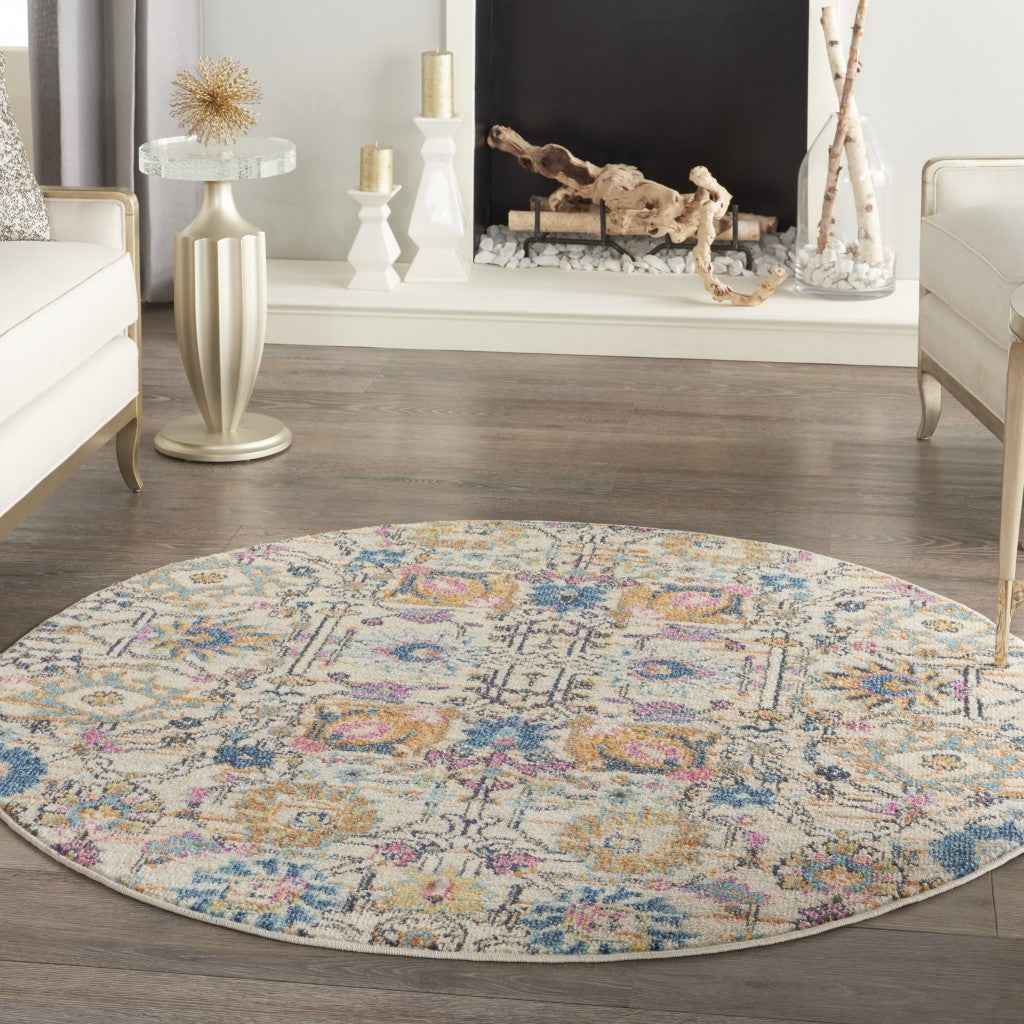4' Orange And Ivory Round Floral Power Loom Area Rug