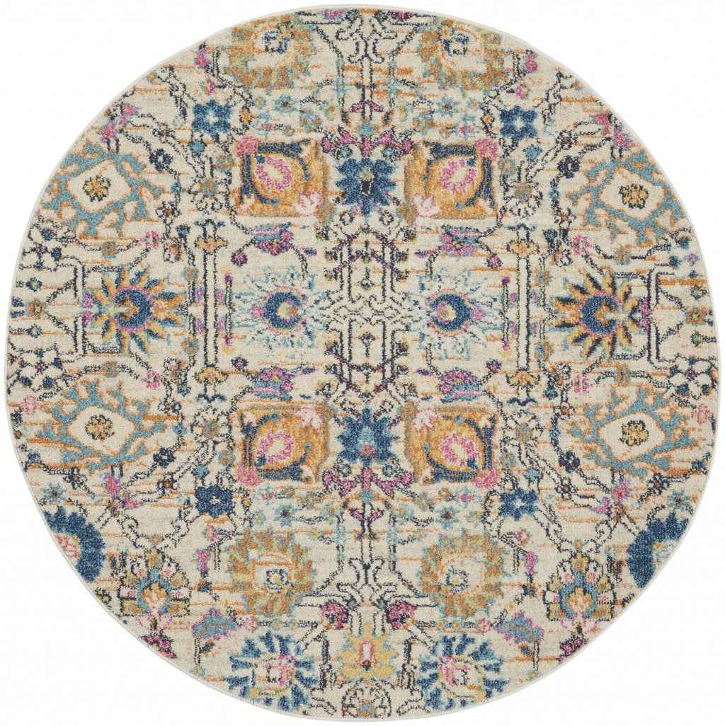 4' Orange And Ivory Round Floral Power Loom Area Rug