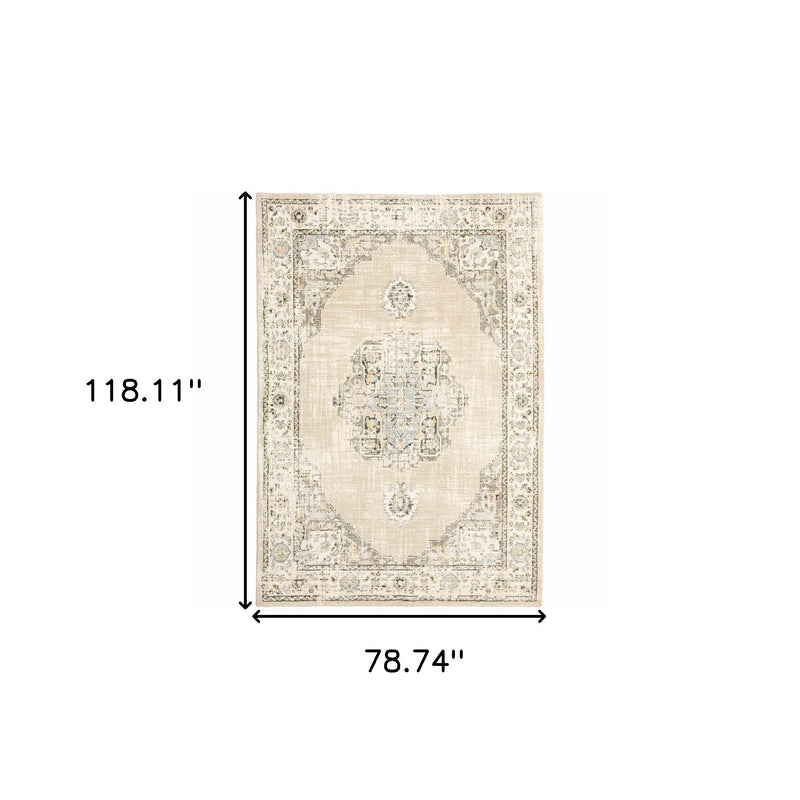 7'X9' Beige And Ivory Center Jewel Area Rug