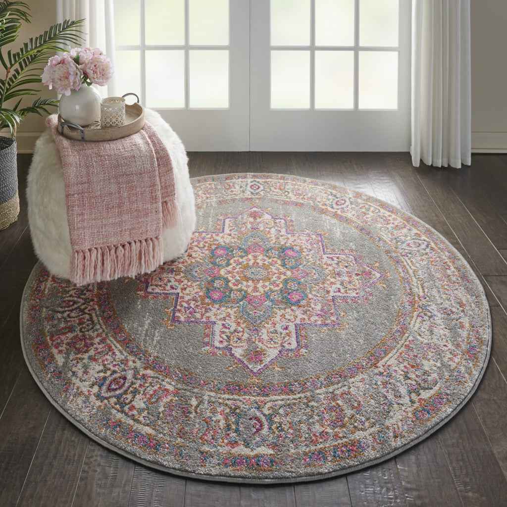 5' Gray Round Power Loom Area Rug