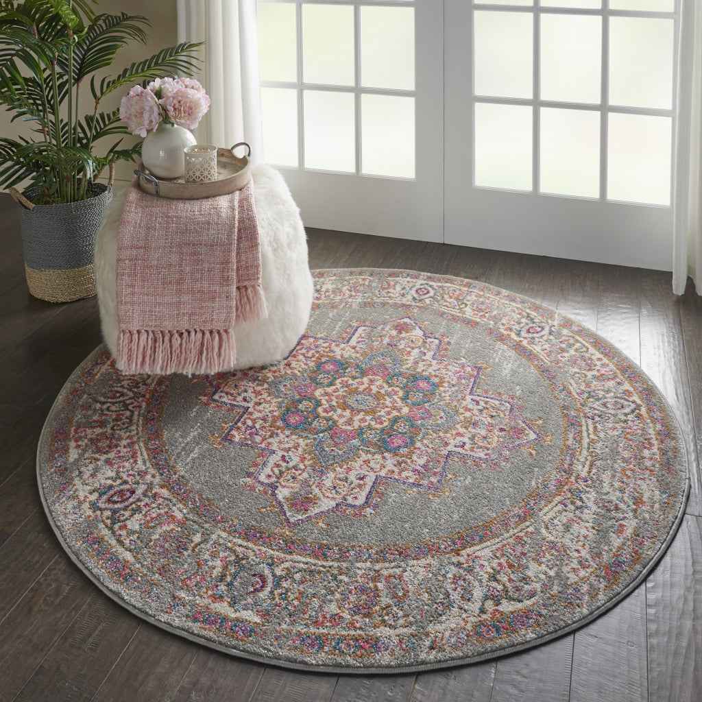 5' Gray Round Power Loom Area Rug