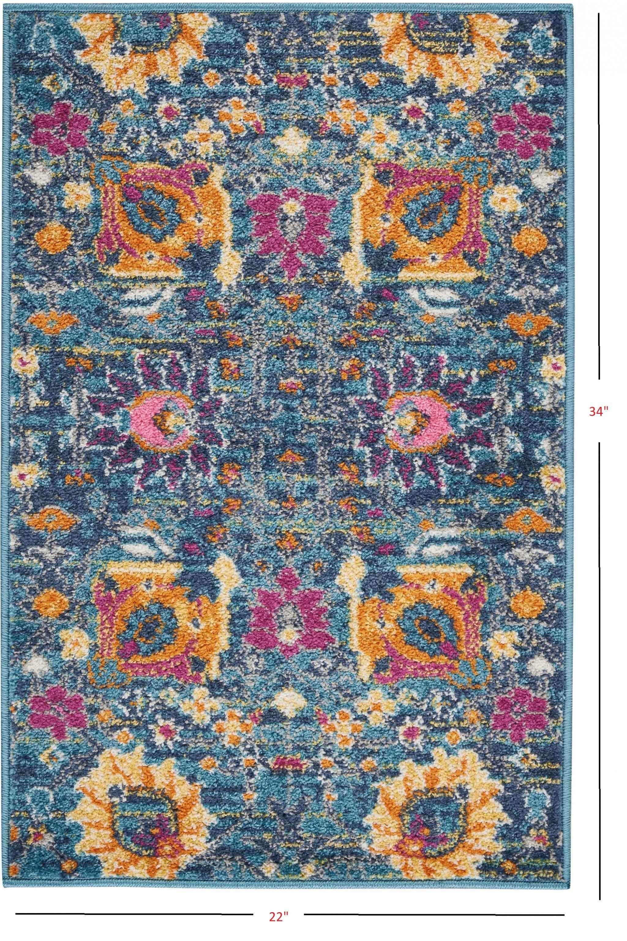 2' X 3' Blue And Orange Floral Power Loom Area Rug