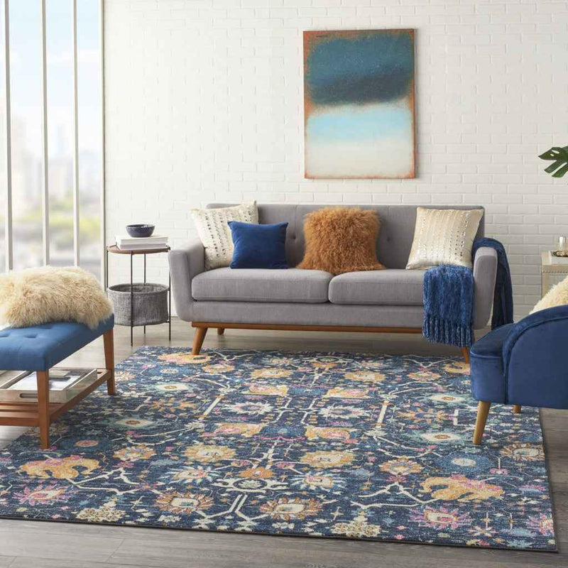7' X 10' Navy Blue Floral Power Loom Area Rug