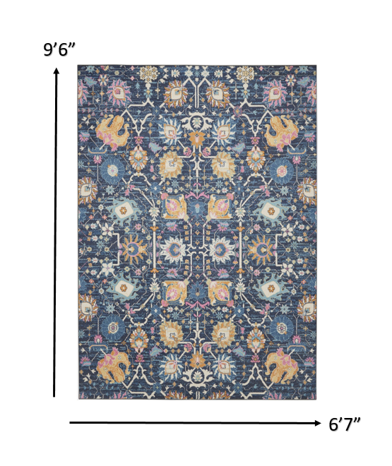 7' X 10' Navy Blue Floral Power Loom Area Rug