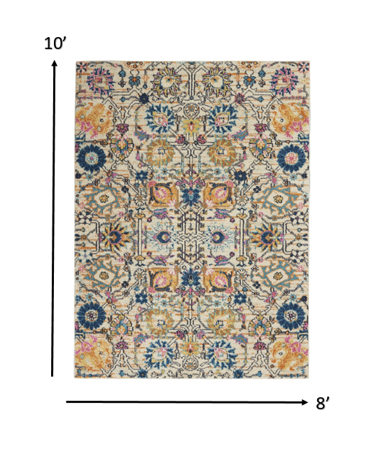 8' X 10' Orange And Ivory Floral Power Loom Area Rug