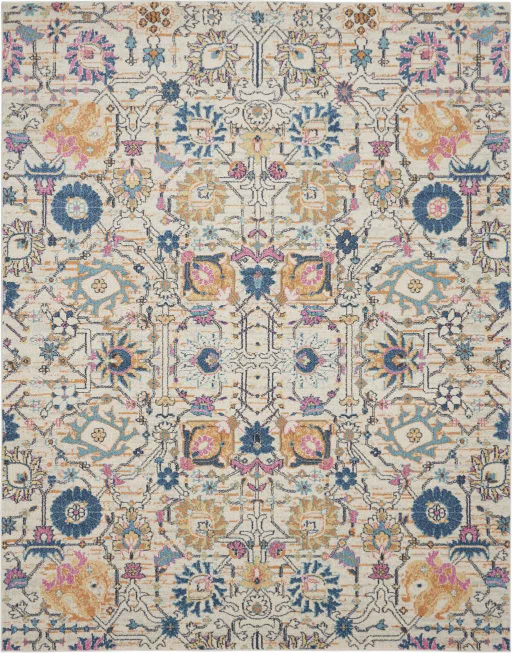 8' X 10' Orange And Ivory Floral Power Loom Area Rug