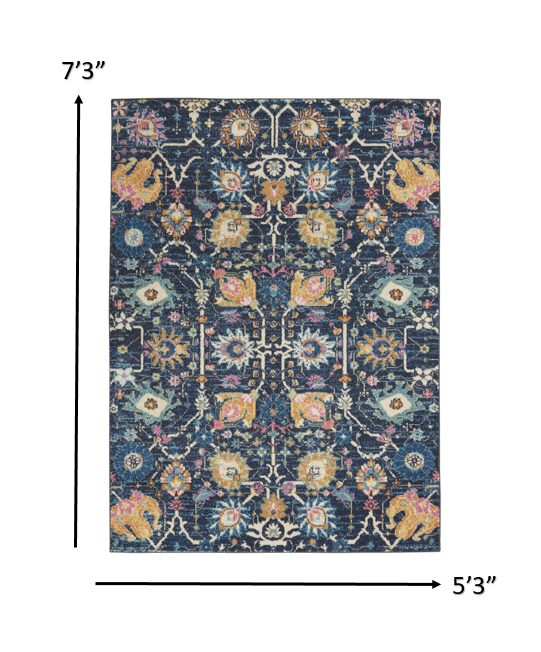 5' X 7' Navy Blue Floral Power Loom Area Rug