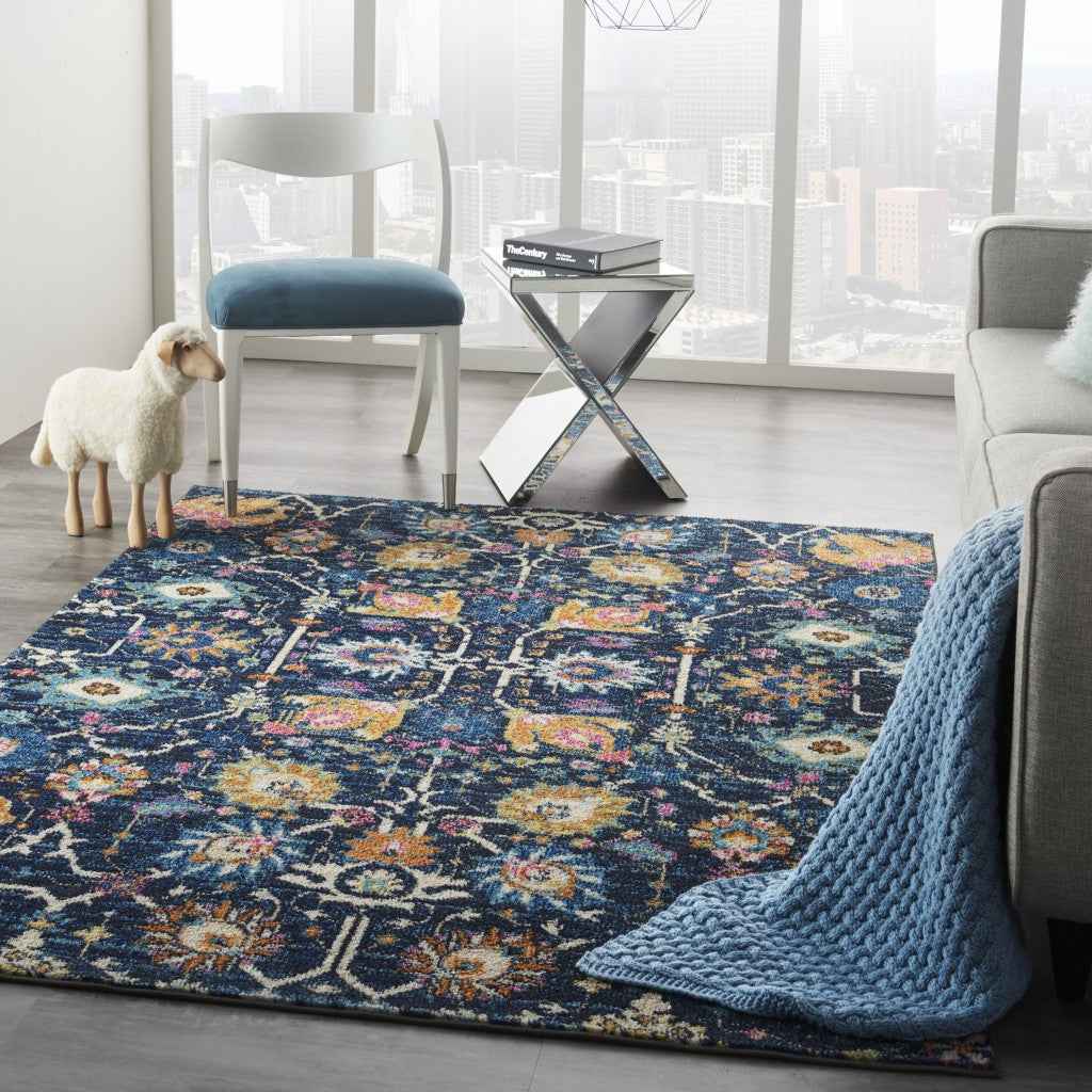 5' X 7' Navy Blue Floral Power Loom Area Rug