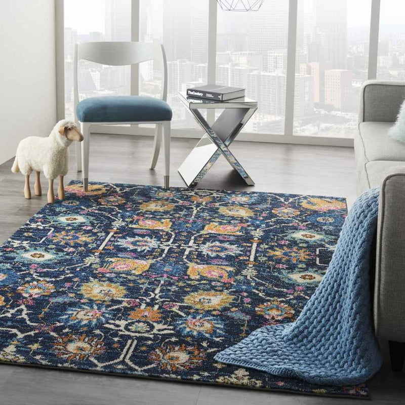 5' X 7' Navy Blue Floral Power Loom Area Rug