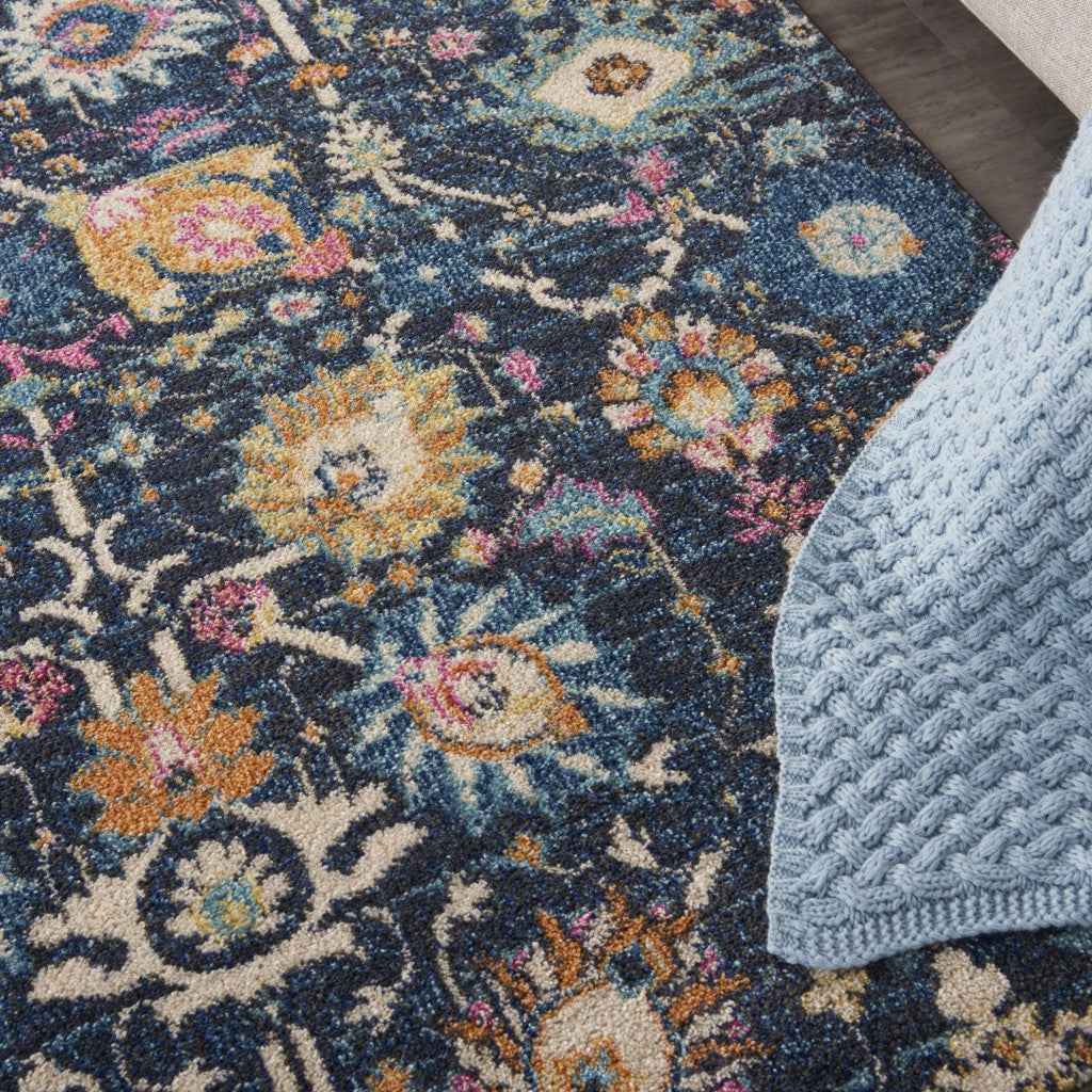 5' X 7' Navy Blue Floral Power Loom Area Rug