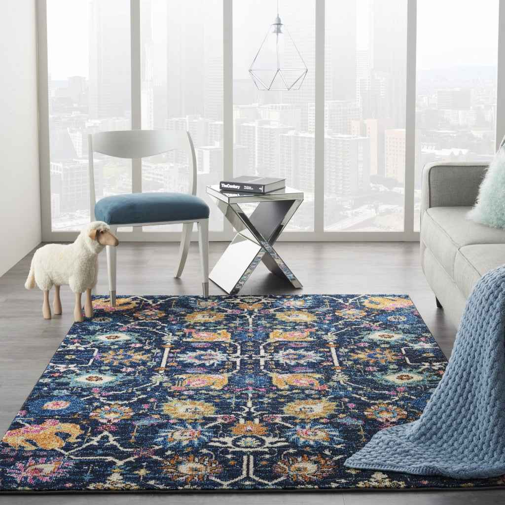 5' X 7' Navy Blue Floral Power Loom Area Rug