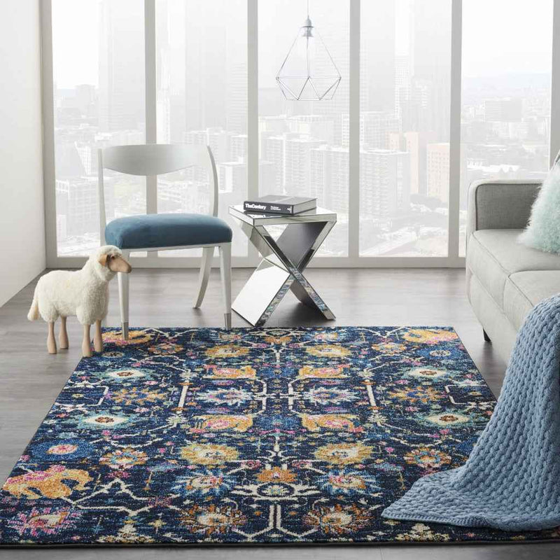 5' X 7' Navy Blue Floral Power Loom Area Rug