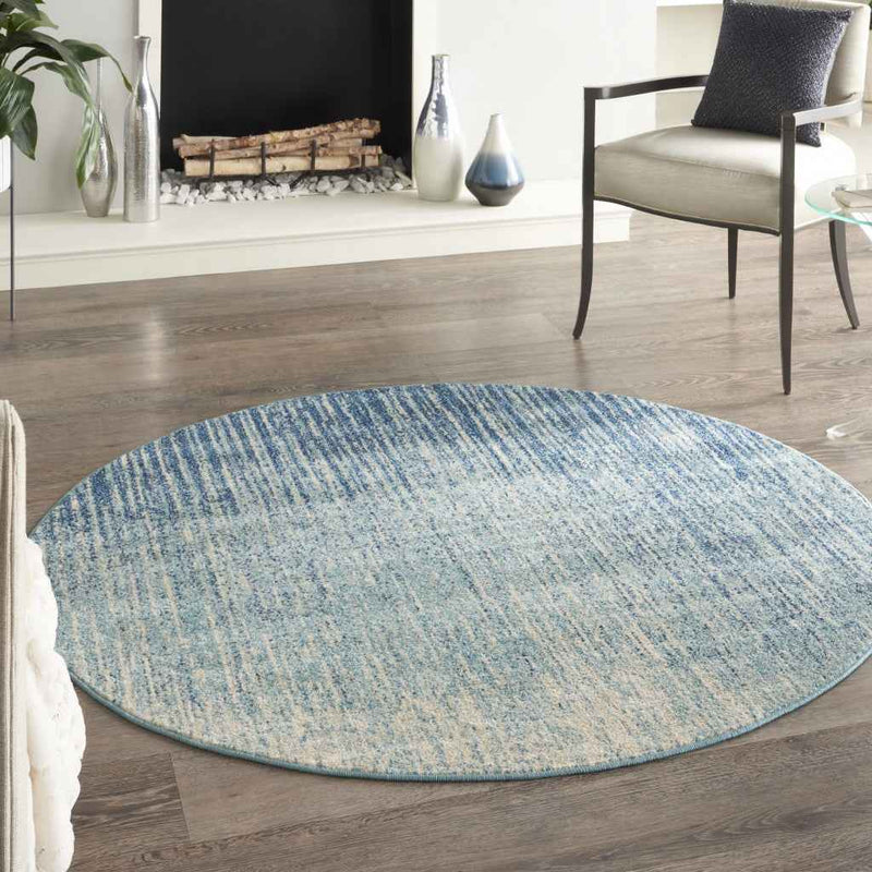 5' Ivory And Blue Round Abstract Power Loom Area Rug