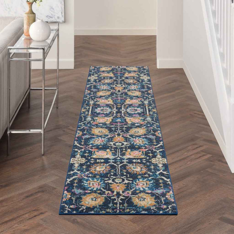 10' Navy Blue Floral Power Loom Runner Rug