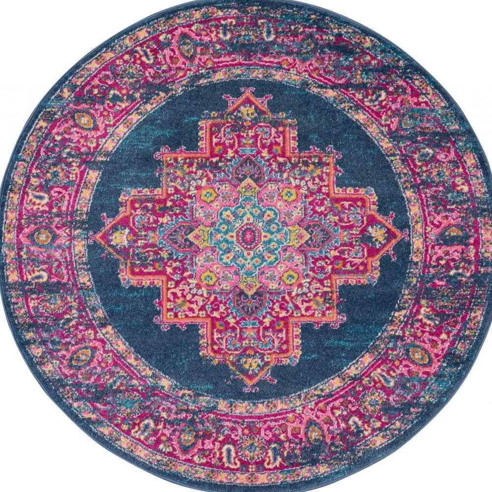 4' Blue Round Power Loom Area Rug