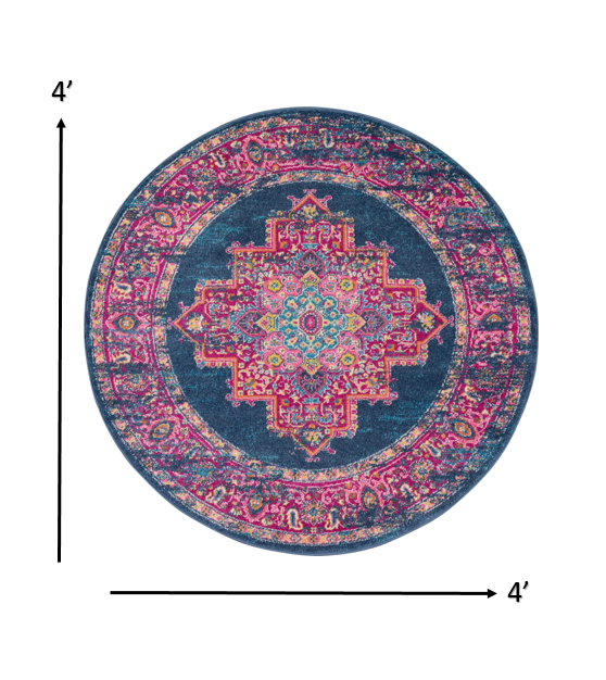 4' Blue Round Power Loom Area Rug
