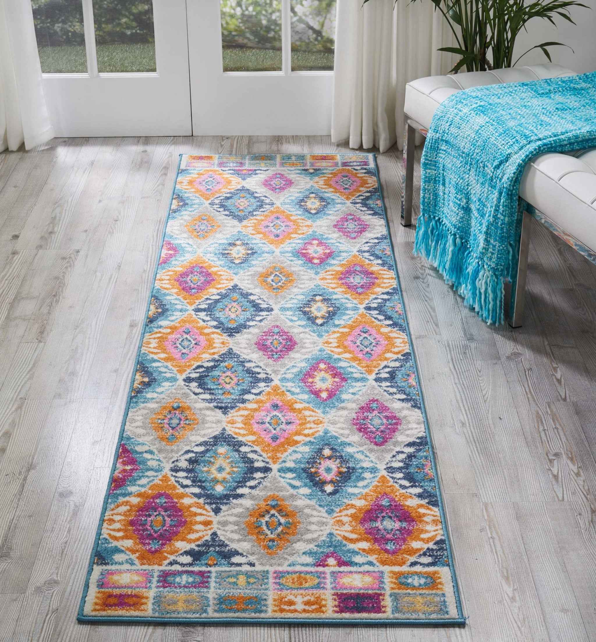 8' Blue And Pink Ogee Power Loom Runner Rug