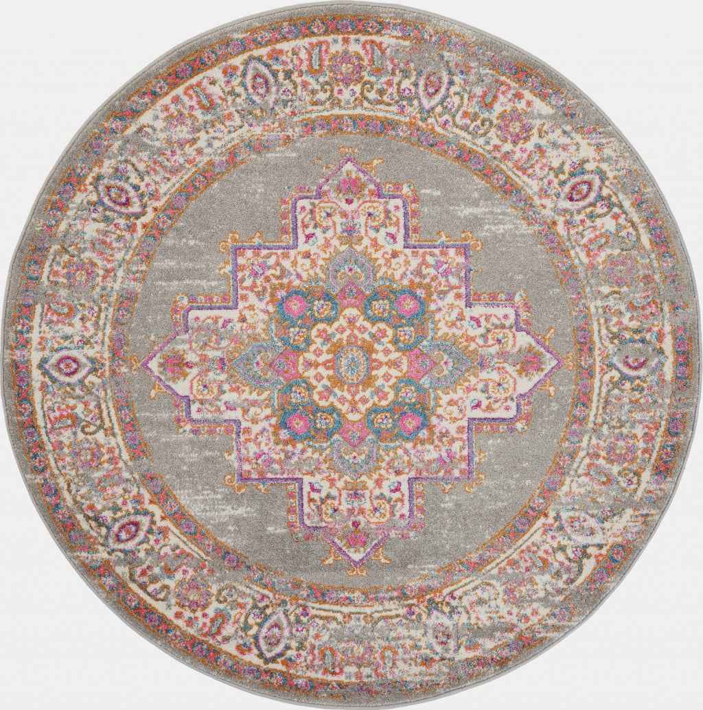 8' Gray Round Power Loom Area Rug
