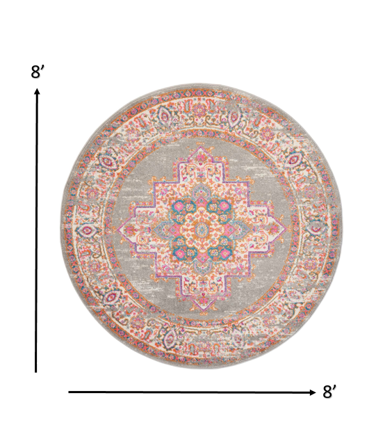 8' Gray Round Power Loom Area Rug