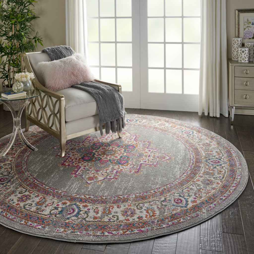 8' Gray Round Power Loom Area Rug