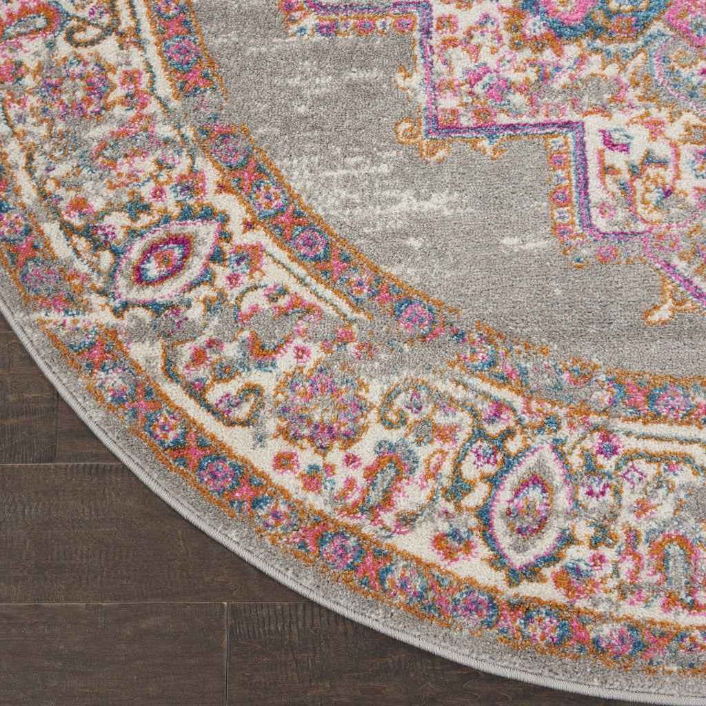 8' Gray Round Power Loom Area Rug