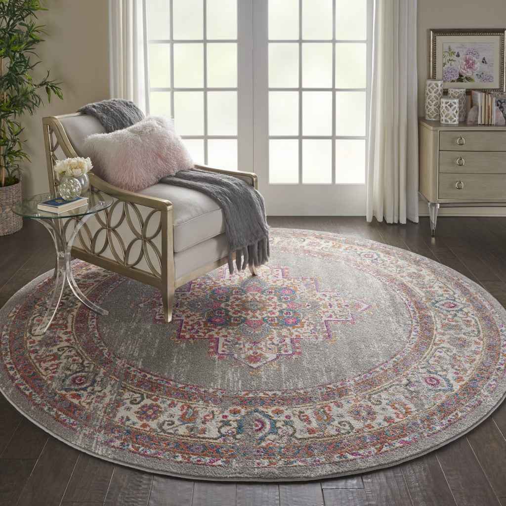 8' Gray Round Power Loom Area Rug