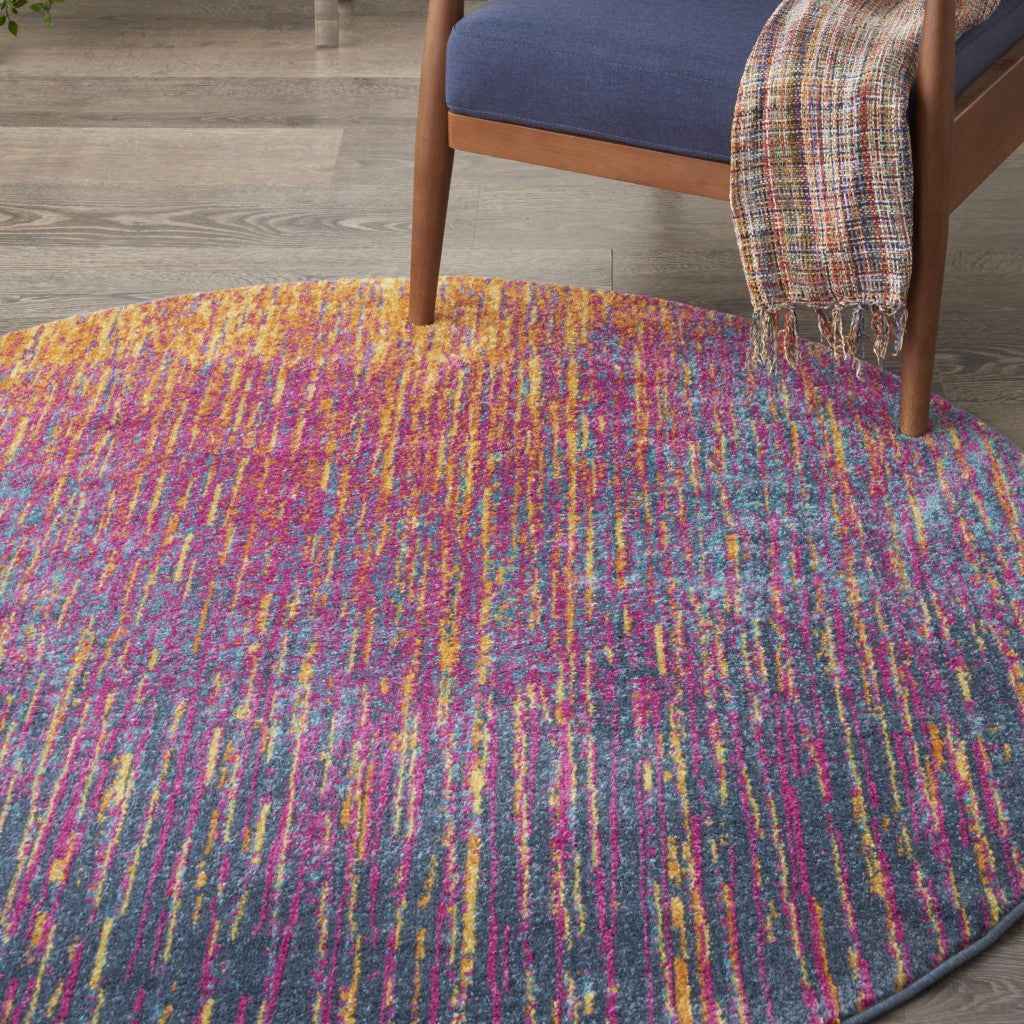 5' Blue And Pink Round Abstract Power Loom Area Rug
