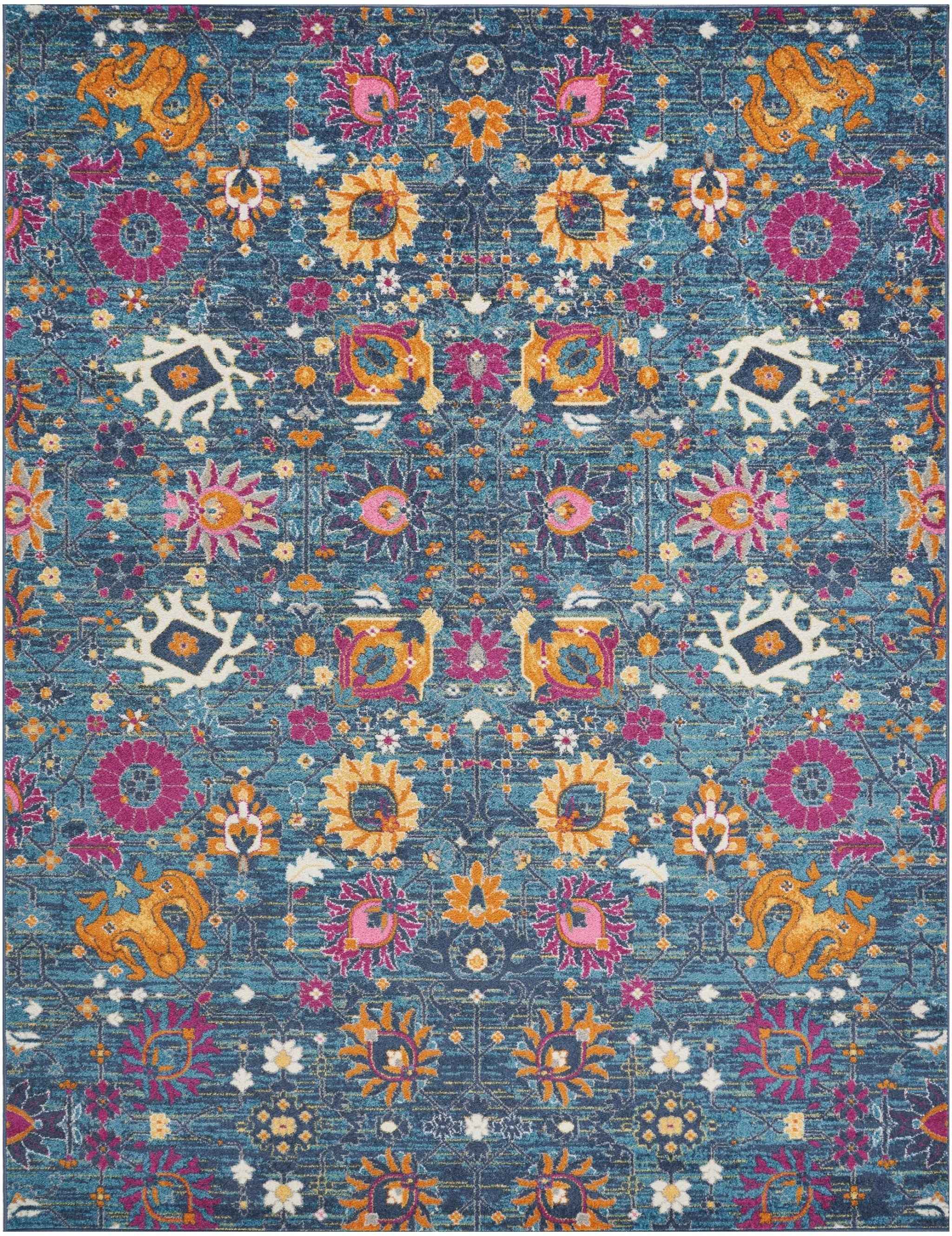 8' X 10' Blue And Orange Floral Power Loom Area Rug