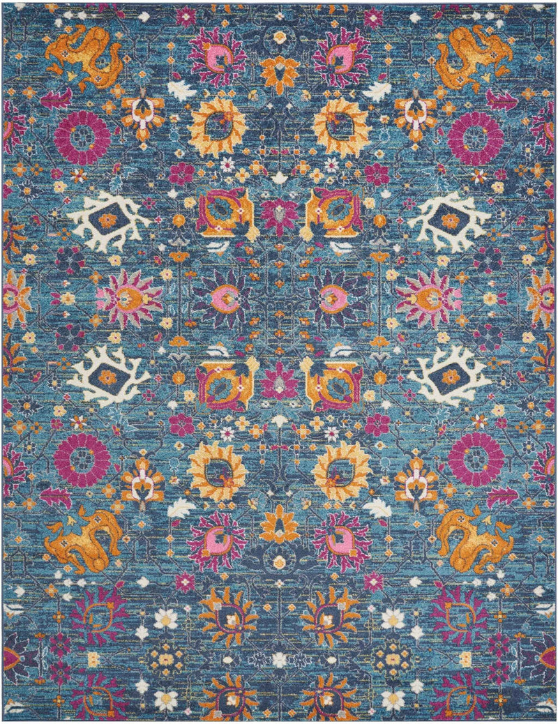 8' X 10' Blue And Orange Floral Power Loom Area Rug