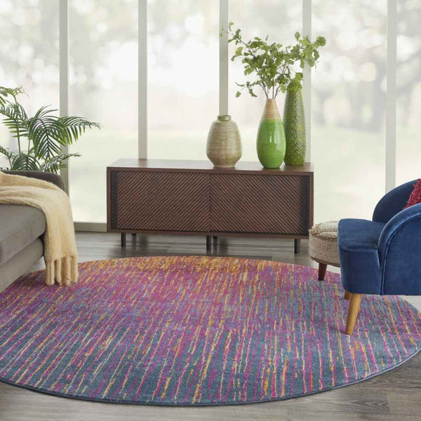 8' Blue And Pink Round Abstract Power Loom Area Rug Default Title