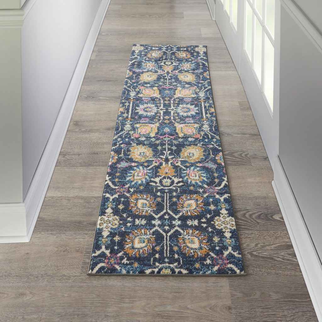 8' Navy Blue Floral Power Loom Runner Rug