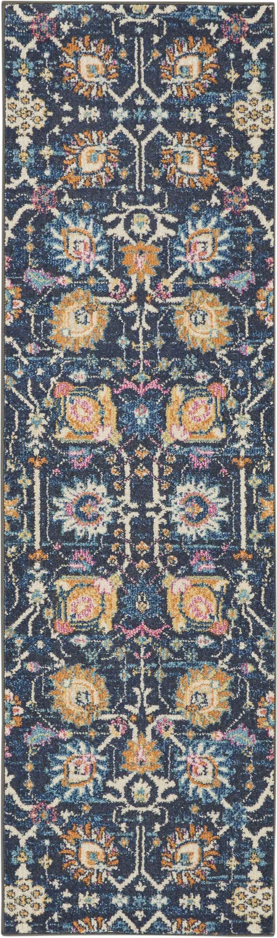 8' Navy Blue Floral Power Loom Runner Rug