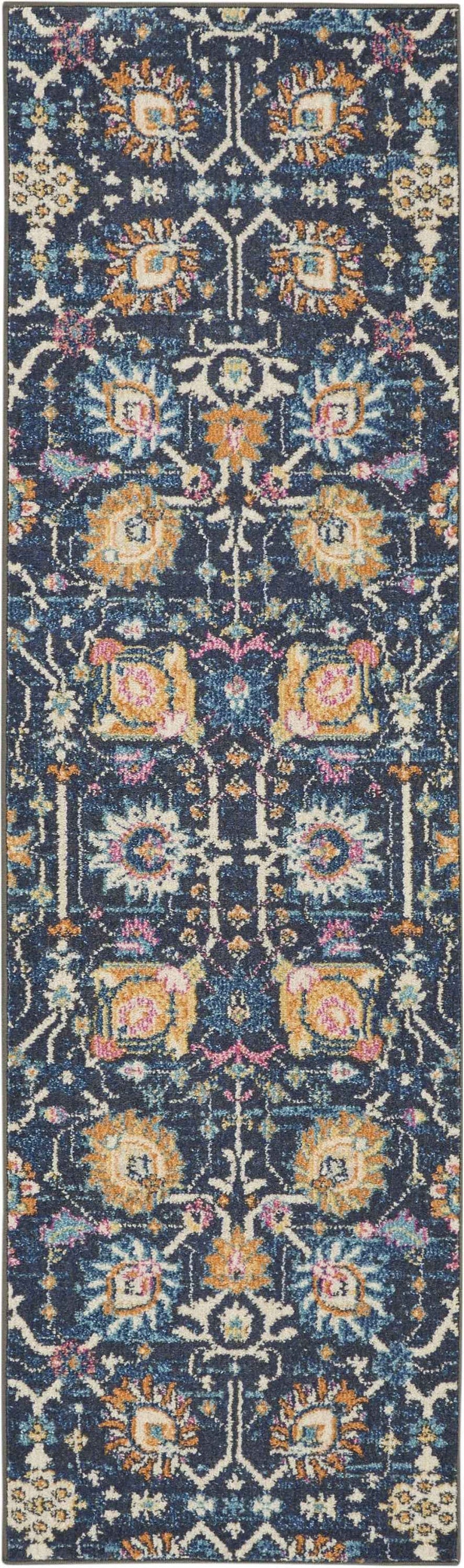8' Navy Blue Floral Power Loom Runner Rug