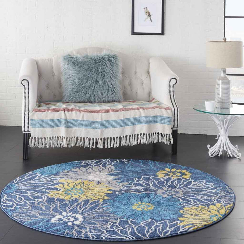 5' Blue Round Floral Power Loom Area Rug