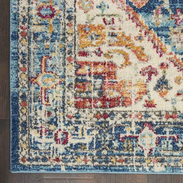 8' Blue And Ivory Power Loom Runner Rug
