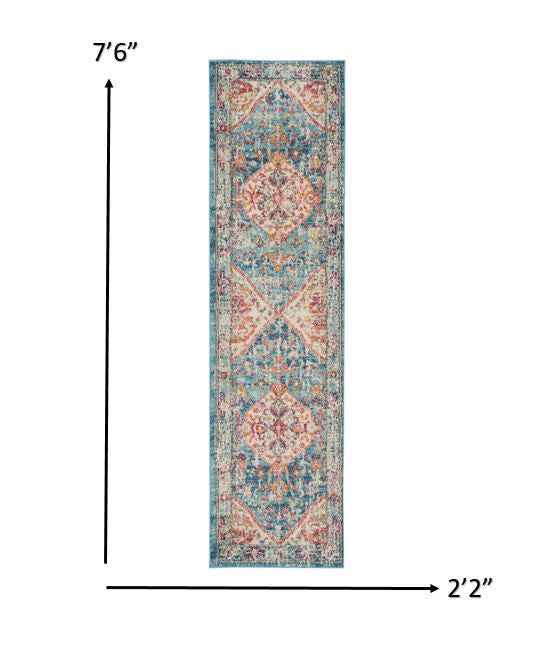 8' Blue And Ivory Power Loom Runner Rug