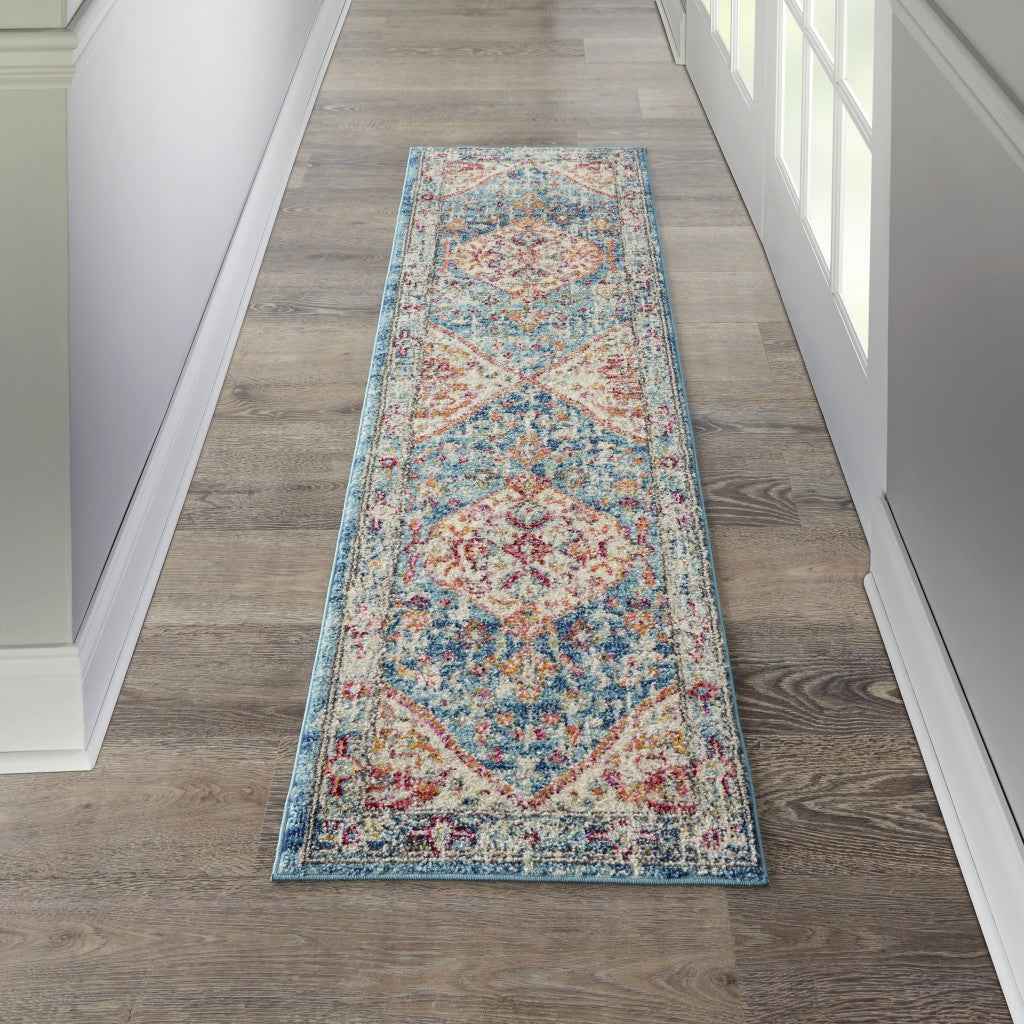 8' Blue And Ivory Power Loom Runner Rug