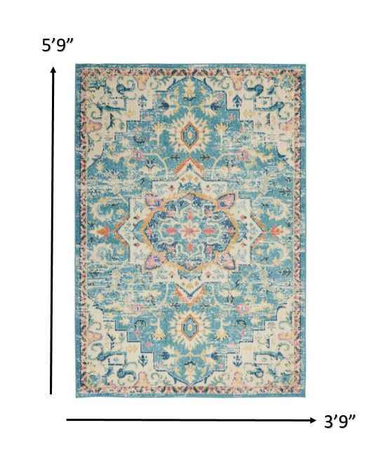 4' X 6' Blue And Ivory Dhurrie Area Rug