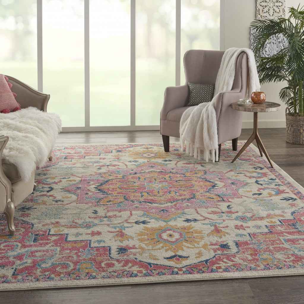 8' X 10' Pink And Ivory Southwestern Dhurrie Area Rug