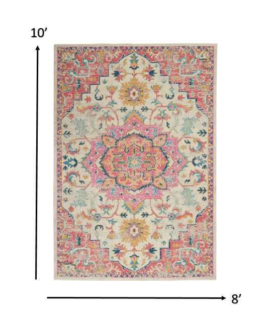 8' X 10' Pink And Ivory Southwestern Dhurrie Area Rug