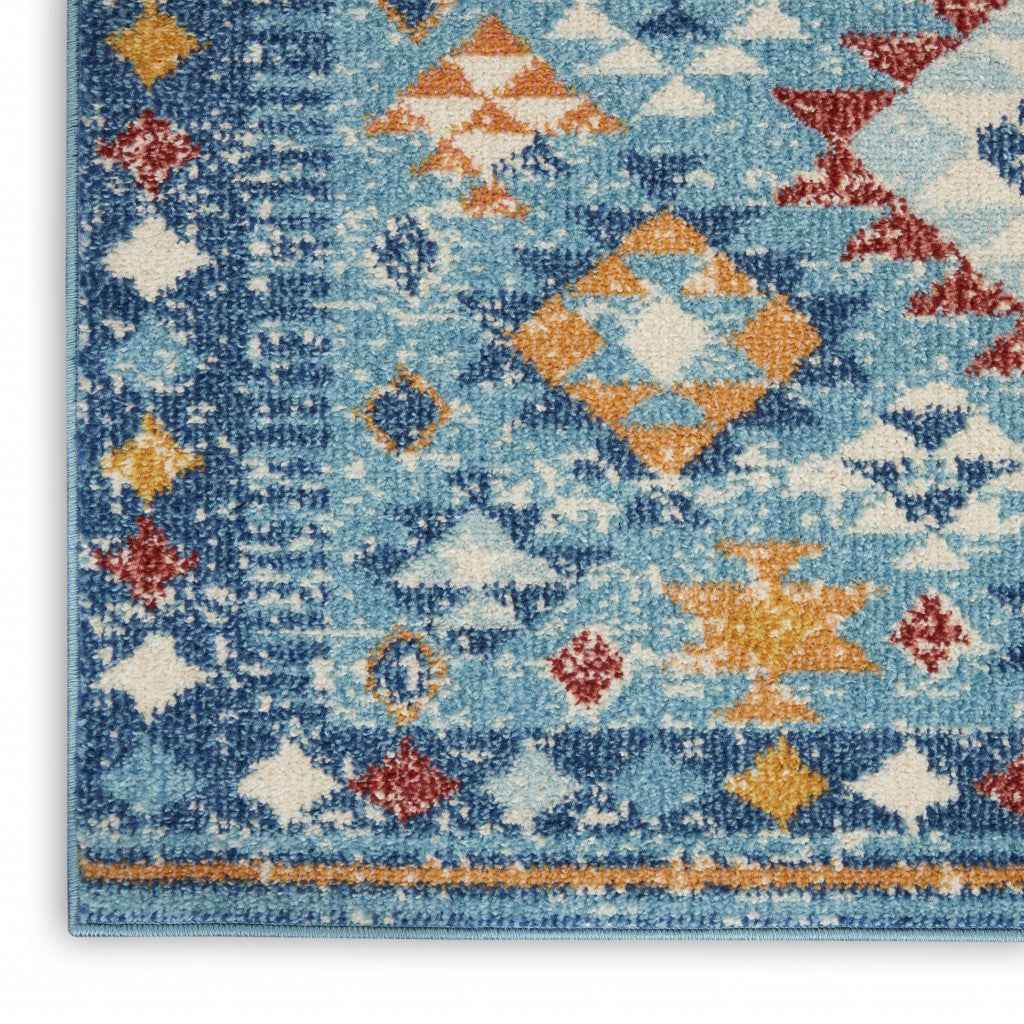 8' Blue And Orange Geometric Dhurrie Runner Rug