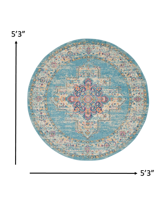 5' Light Blue Round Southwestern Power Loom Area Rug