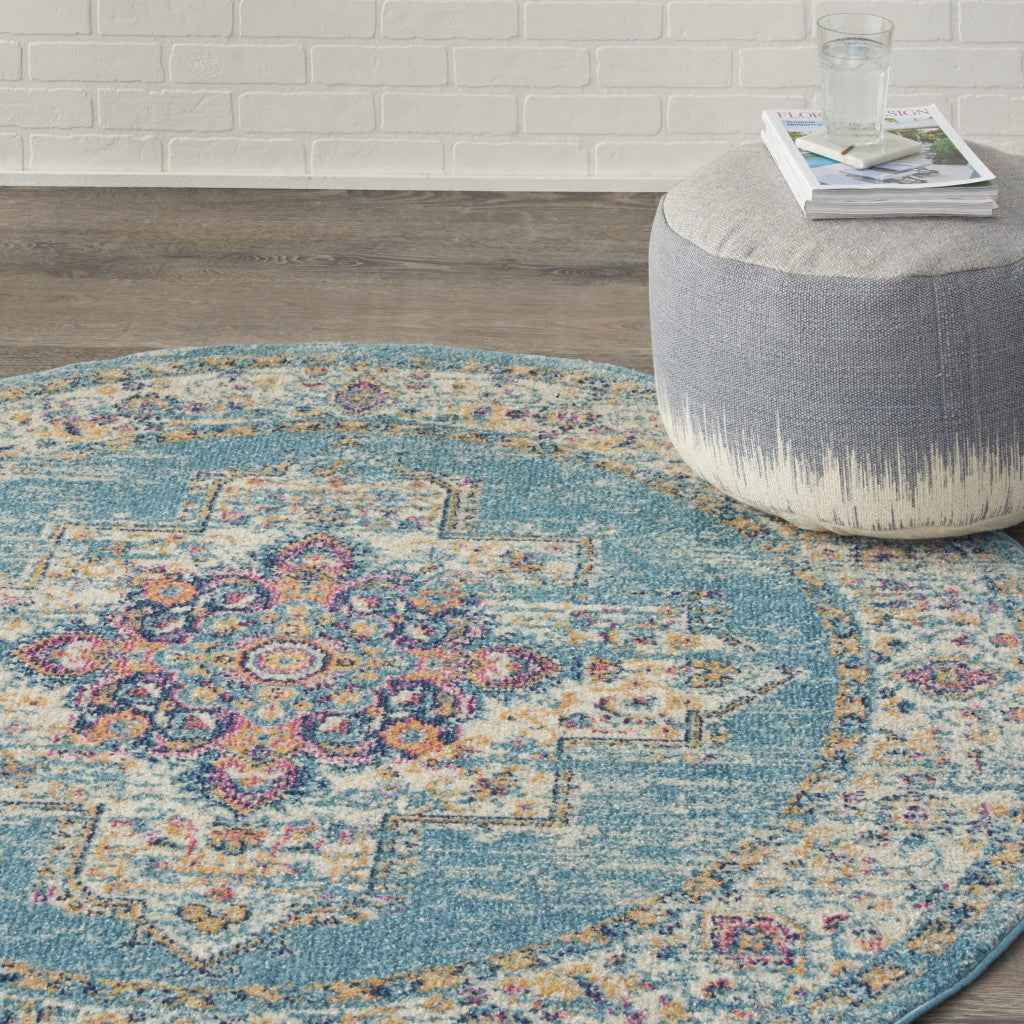 5' Light Blue Round Southwestern Power Loom Area Rug