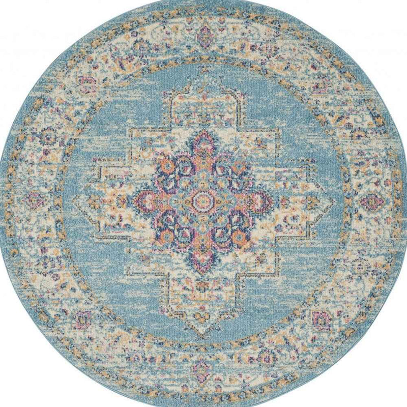 5' Light Blue Round Southwestern Power Loom Area Rug
