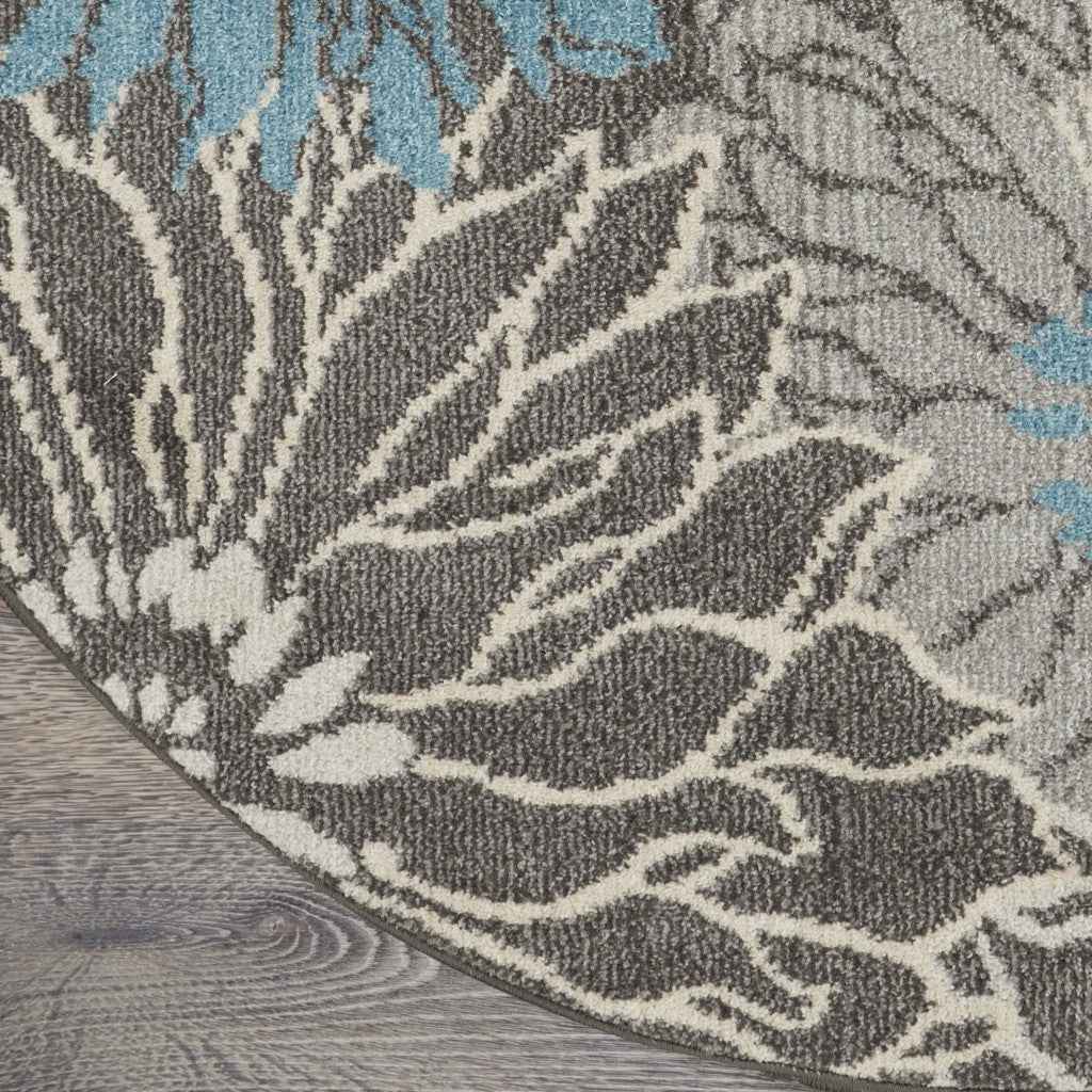 8' Blue And Gray Round Floral Power Loom Area Rug