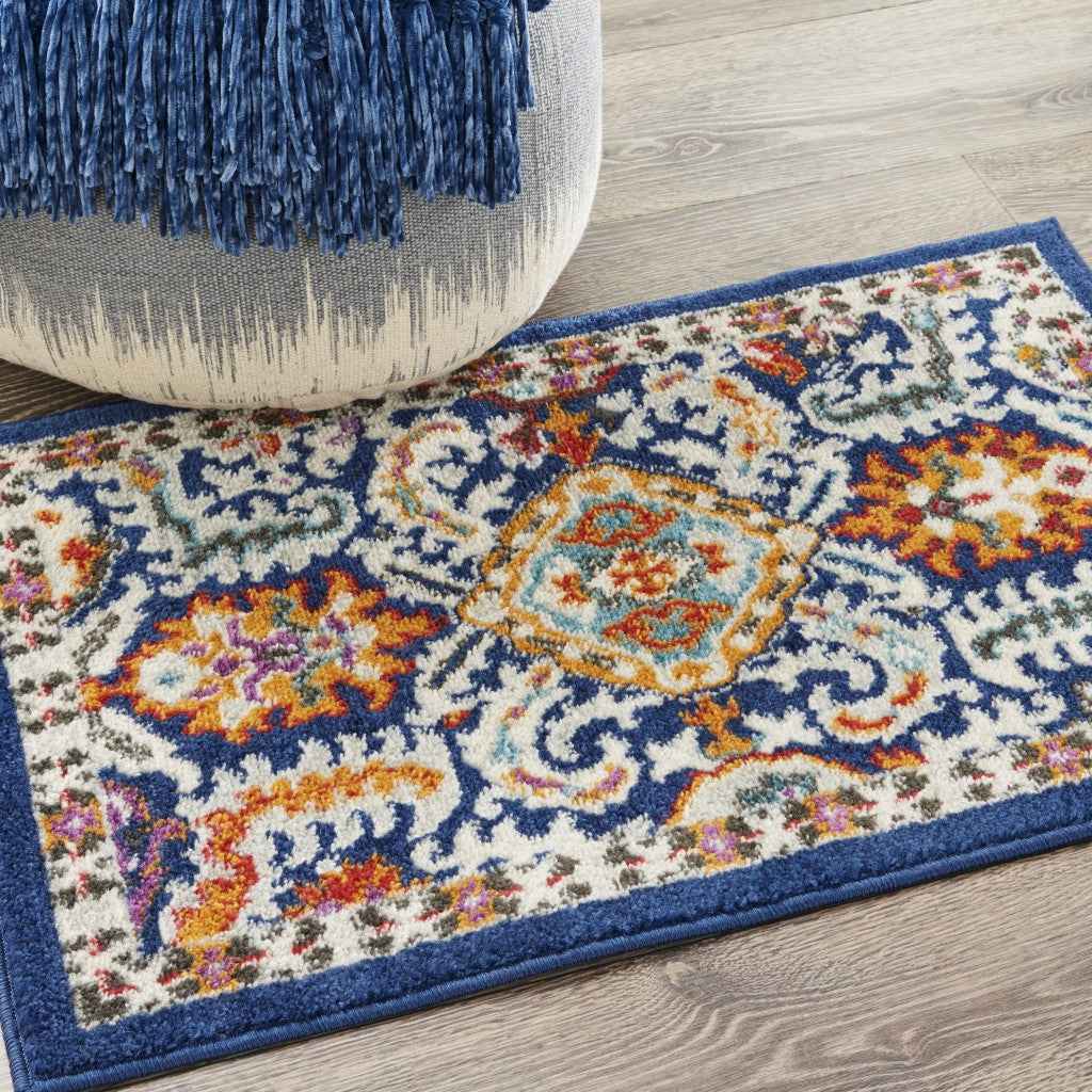 2' X 3' Blue And Ivory Power Loom Area Rug