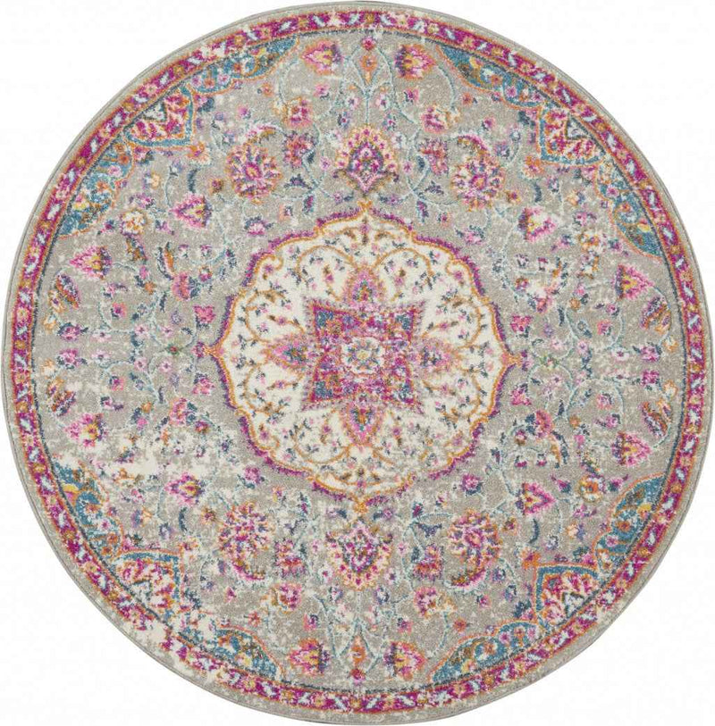 4' Pink And Gray Round Power Loom Area Rug